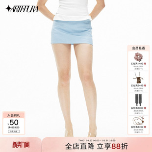 半身裙新款 ARTE 黑白撞色假两件醋感亚麻迷你裙裤 浅蓝 PURA杏黄