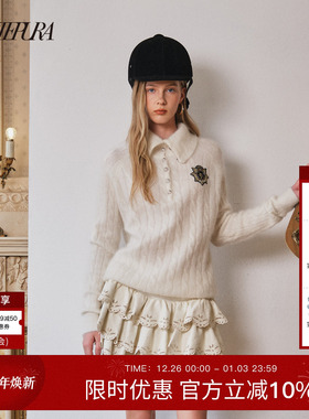 ARTE PURA2025秋冬新款白色徽章绞花立领套头毛衣绞花毛织上衣女