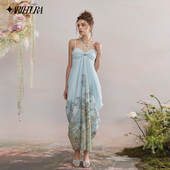 ARTE PURA蓝色印花挂脖荡褶连衣裙女原创设计吊带裙长裙礼服新款