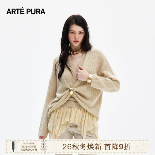ARTE PURA2026秋季新款米杏色金扣山羊绒罩衫女复古休闲长袖上衣
