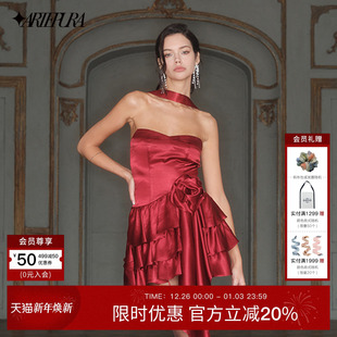 ARTE 伍珂玥同款 PURA红色花朵飘带缎面抹胸裙新年礼服裙 王珂