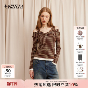 女内搭长袖 棕色条纹蕾丝拼接假两件打底衫 上衣 PURA胶囊新款 ARTE