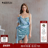 ARTE PURA蓝色蝴蝶结吊带裙女原创设计轻奢浪漫亮片缎面短裙