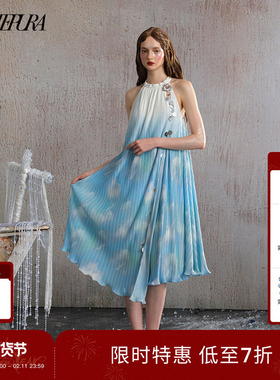 ARTE PURA海盐蓝挂脖连衣裙女设计感渐变亮片长裙钓系约会裙