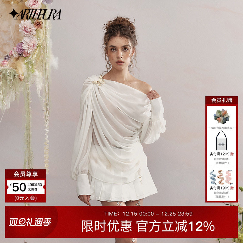 ARTEPURA雪纺荡褶落肩上衣