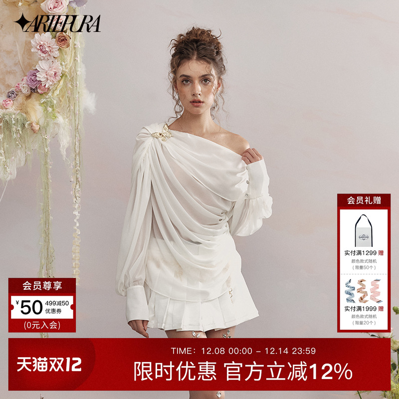 ARTEPURA雪纺荡褶落肩上衣