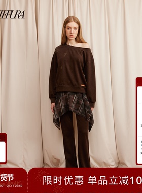 ARTE PURA25秋冬胶囊新款烫钻斜肩宽松套头卫衣女假两件微喇卫裤