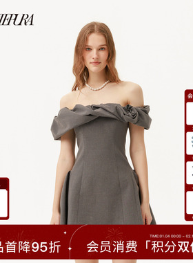 ARTE PURA2026春季新款立体花苞一字肩灰色连衣裙女宴会千金礼服