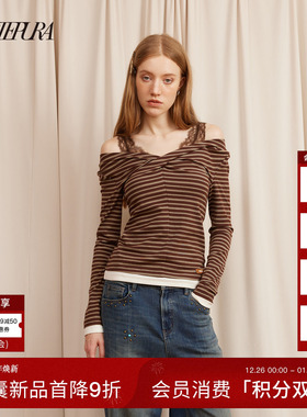 ARTE PURA25秋冬胶囊新款棕色条纹蕾丝拼接打底衫女内搭长袖上衣