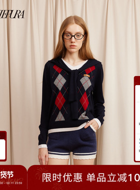 ARTE PURA25秋冬胶囊新款学院风简约披肩假两件菱形格针织毛衣女