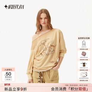 T恤女休闲百搭宽松上衣 沙滩猫印花斜肩长袖 ARTE PURA2026春夏新款