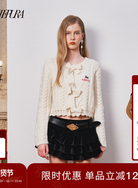 ARTE PURA25秋冬新款奶白色立体羊毛蝴蝶结绞花毛衣本命年针织衫