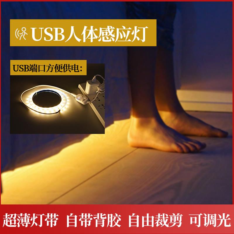 USB智能人体感应灯带LED防水楼道衣厨柜灯玄关小夜灯5v可充电灯条