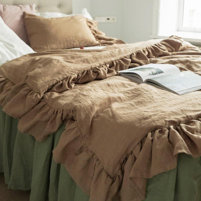 轻奢 天然亚麻 荷叶边四件套床上用品凉感纯色床品床单枕套被罩