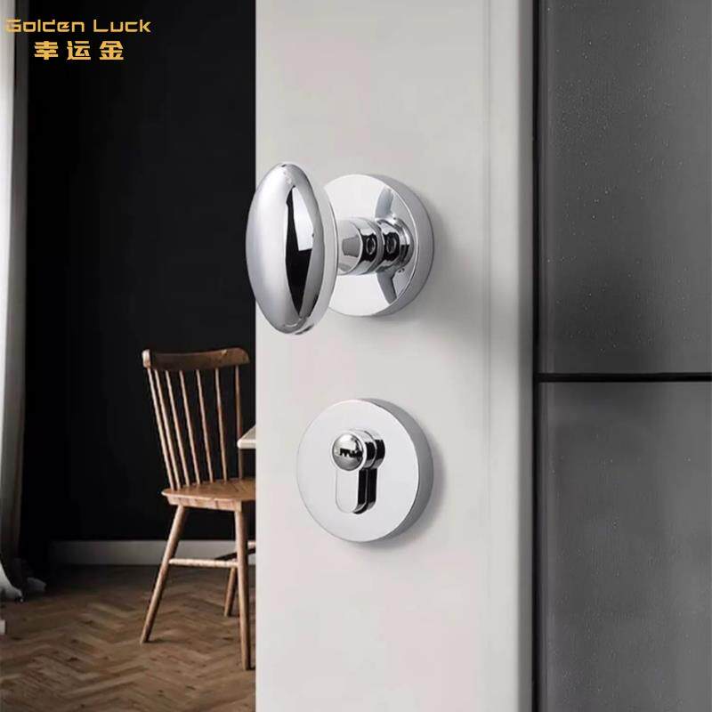 亮银色金色两件式鸭蛋锁简约静音磁吸室内门把手圆形双门实木门锁