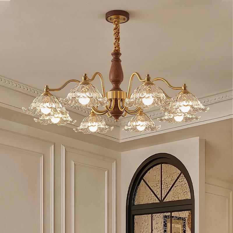 法式中古风客厅吊灯复古全铜胡桃木大厅主灯高级感餐厅灯