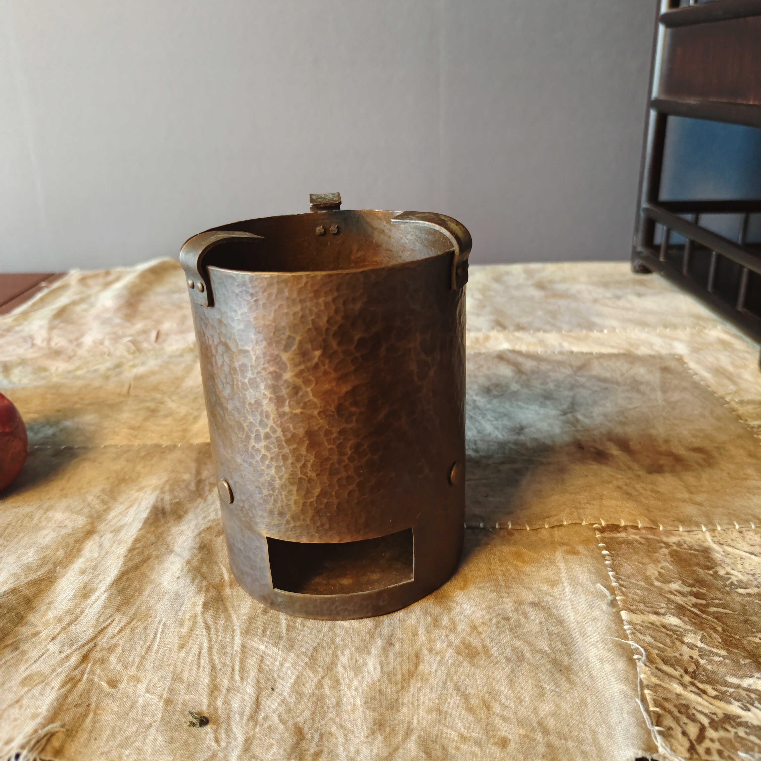 手工紫铜炭炉复古锤纹煮茶炉大号圆柱酒精炉烧水炉老式木炭煮茶器