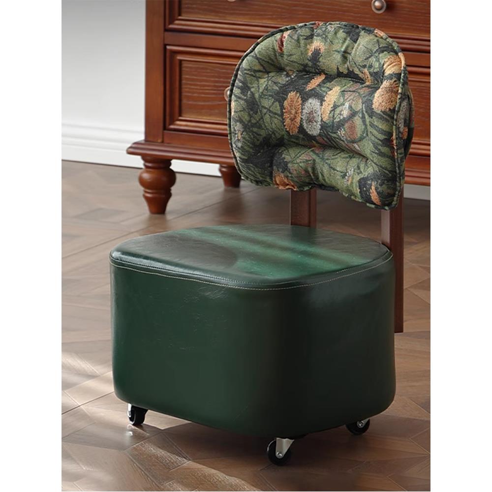 万向轮小凳子家用滑轮矮凳靠背小椅子带轮沙发凳客厅软包实木板凳