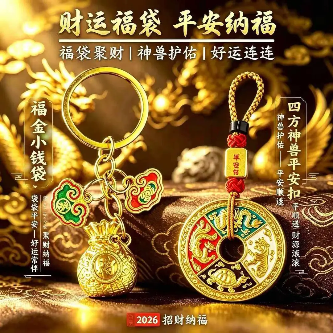 新款推荐福全財满钱袋子袋袋聚財彩绘四方神兽钥匙扣挂件汽车用品