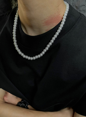 GangGang美式嘻哈白色8mm珍珠项链个性嘻哈锁骨小众男女颈链ins潮
