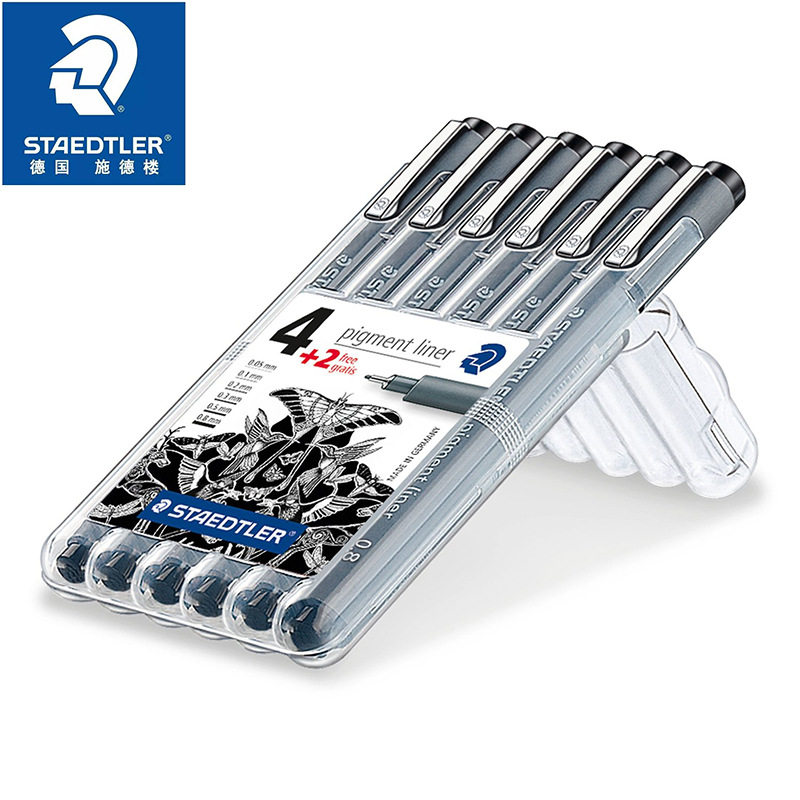 德国Staedtler施德楼防水绘图针管笔308 SB6P6支套装绘图勾线笔描边笔学生手绘漫画插画笔斜方头勾线笔水笔
