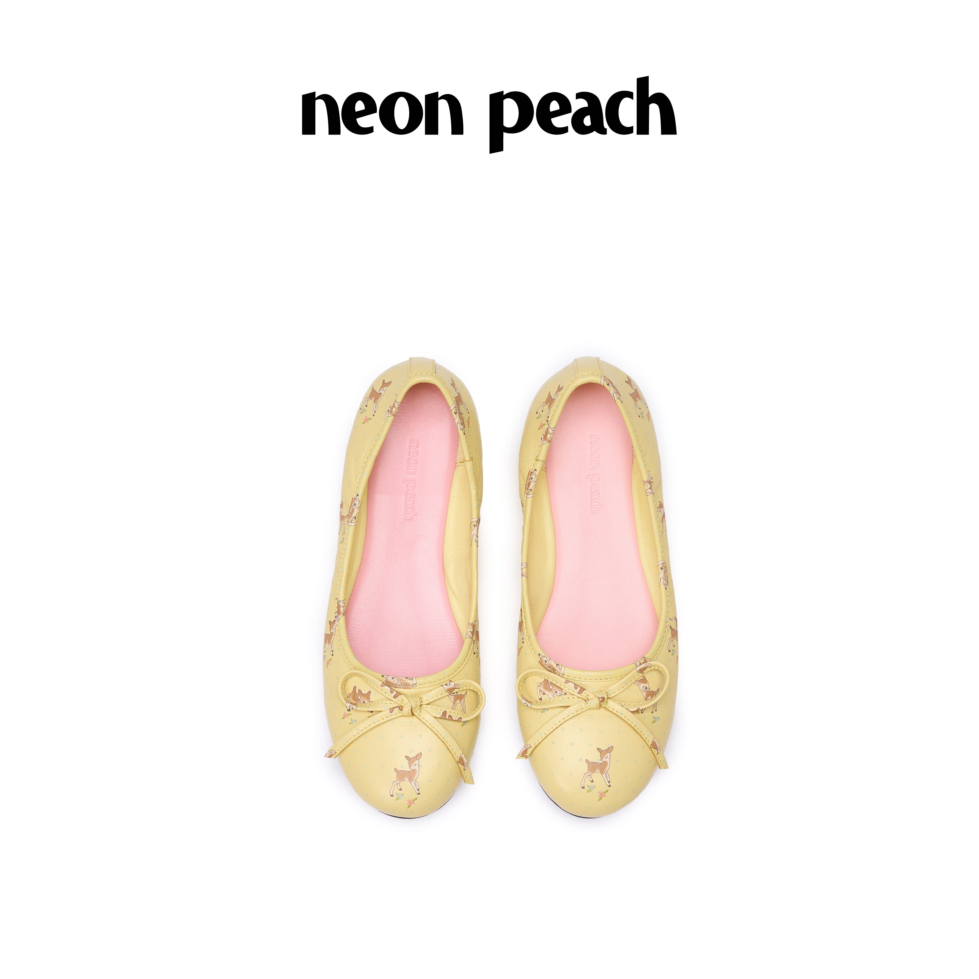 NEON PEACH霓桃可爱小鹿图案头层羊皮单鞋波点斑比系列芭蕾平底鞋