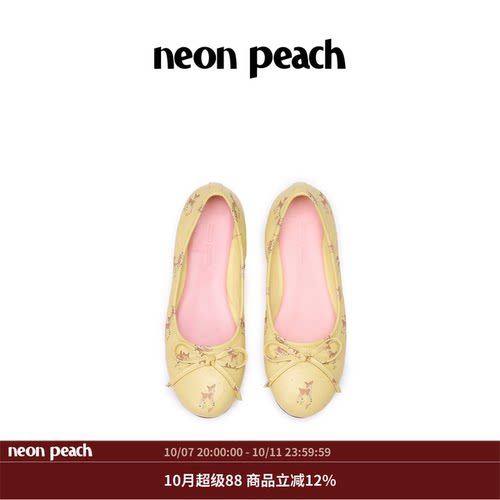 NEON PEACH霓桃可爱小鹿图案头层羊皮单鞋波点斑比系列芭蕾平底鞋