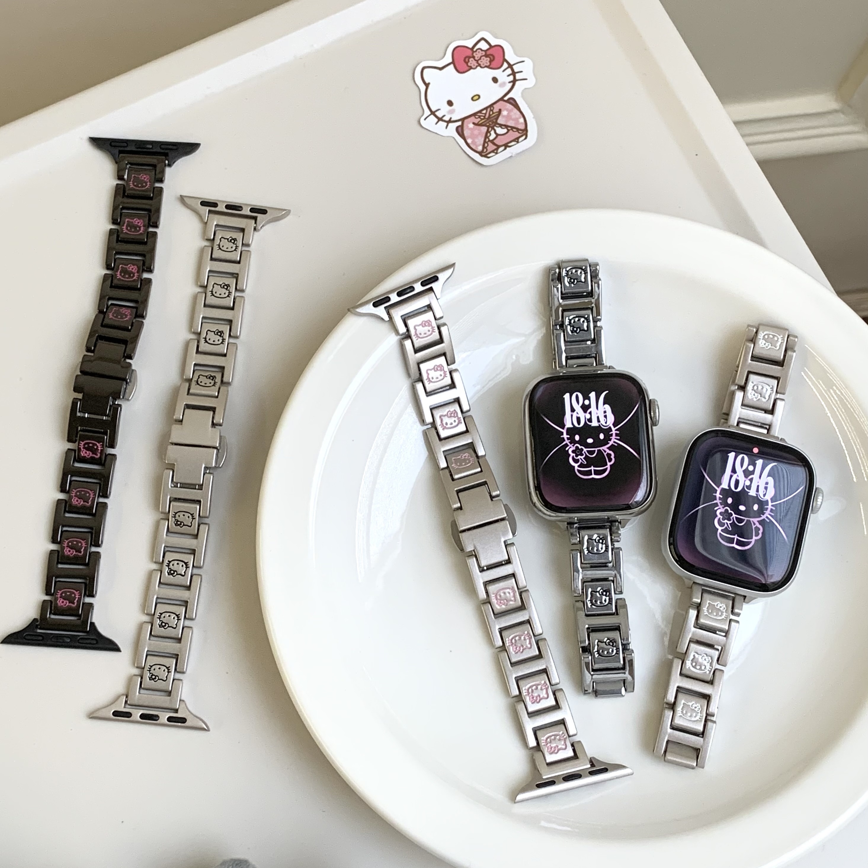 适用苹果S11手表KT猫蝴蝶扣金属表带iWatch10可爱applewatch9腕带