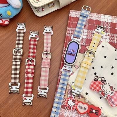 适用小米手环10表带真皮9pro红米watch5卡通格子高级感8NFC版细款