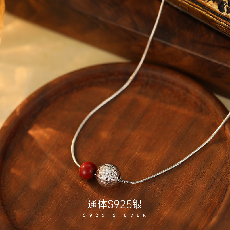 高级感S925银碎碎冰红色朱砂项链