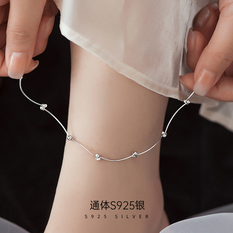 高级感S925银爆款波浪圆珠脚链女