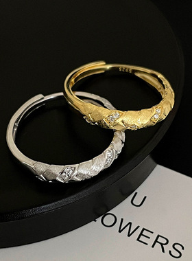 S925银麦穗拉丝编织戒指女中古高