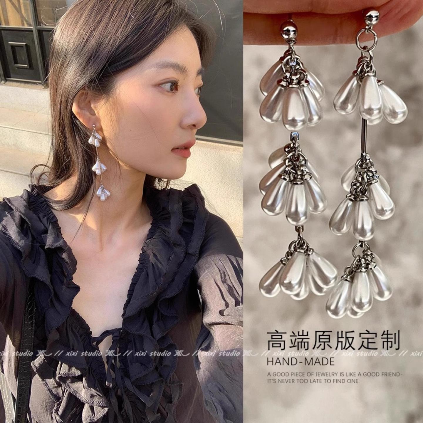 法式小众高级感长款流苏珍珠耳环