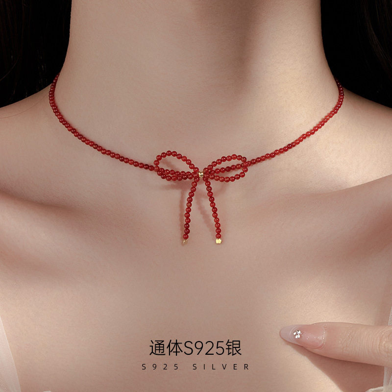 高级感S925银韩式极细黑红玛瑙蝴