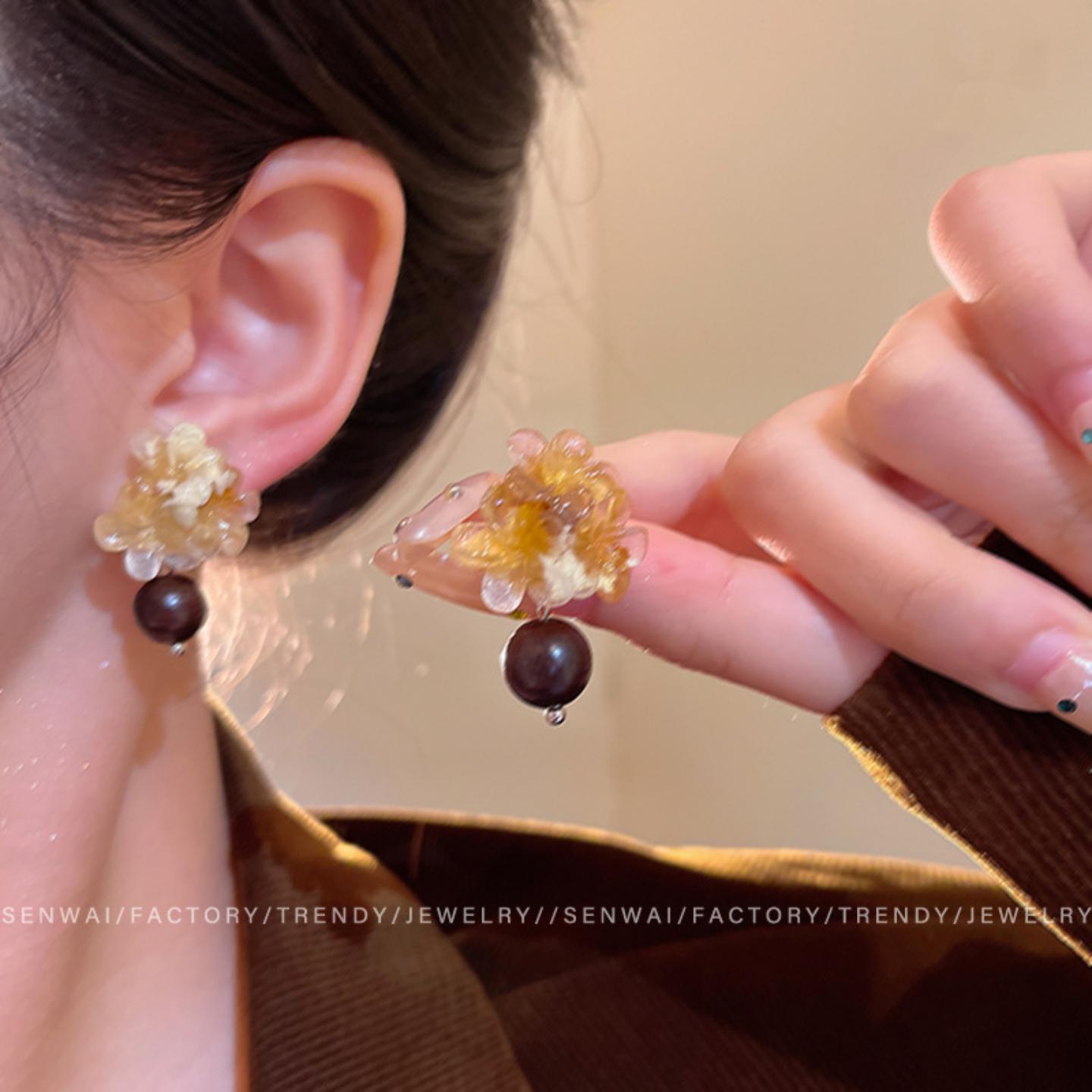 新中式复古晕染花朵耳环女秋冬
