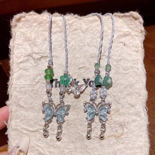 新中式中古风薄荷绿猫眼石蝴蝶项链女编织绳抽拉式锁骨链颈链