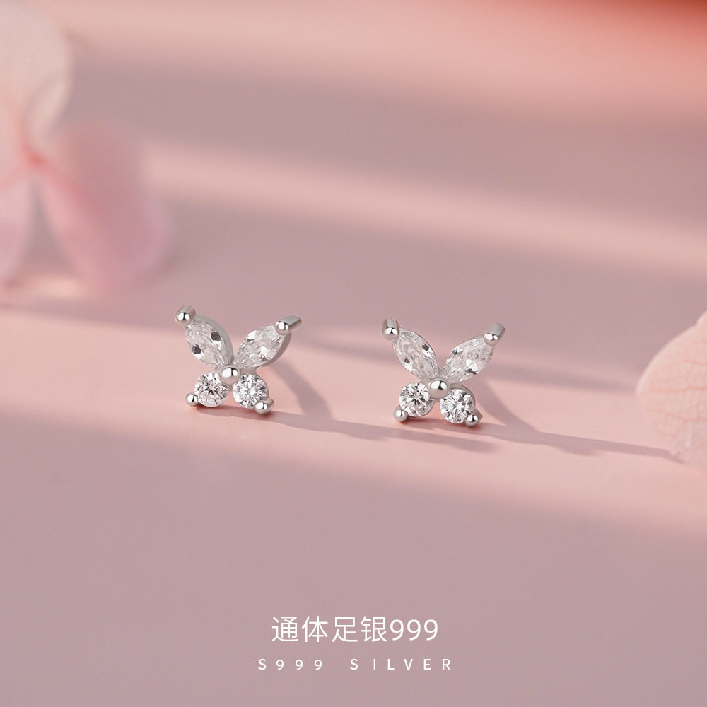 足银S999蝴蝶锆石耳钉时尚女小清