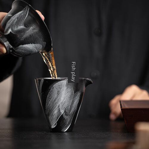 鱼玩粉指南手绘墨式粗陶市集杯B釉下彩家用男杯茶隔断茶匀杯茶海