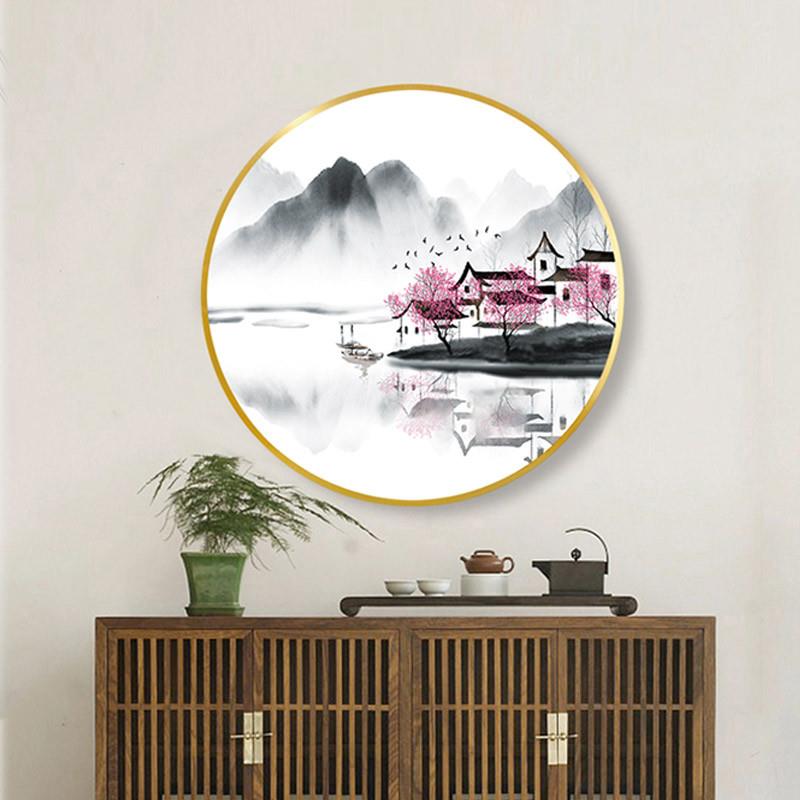 爆款圆形新中式招财山水装饰画客厅卧室玄关书房沙发背景墙挂画壁图片