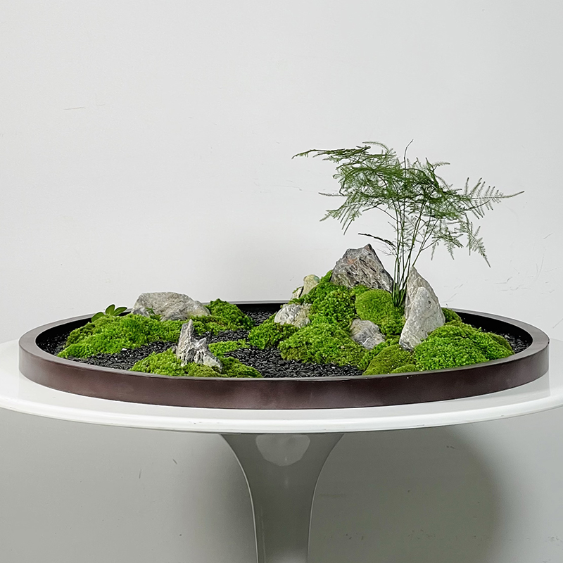 新中式餐桌花苔藓造景酒店大圆桌装饰永生绿植花艺枯山水桌面摆件