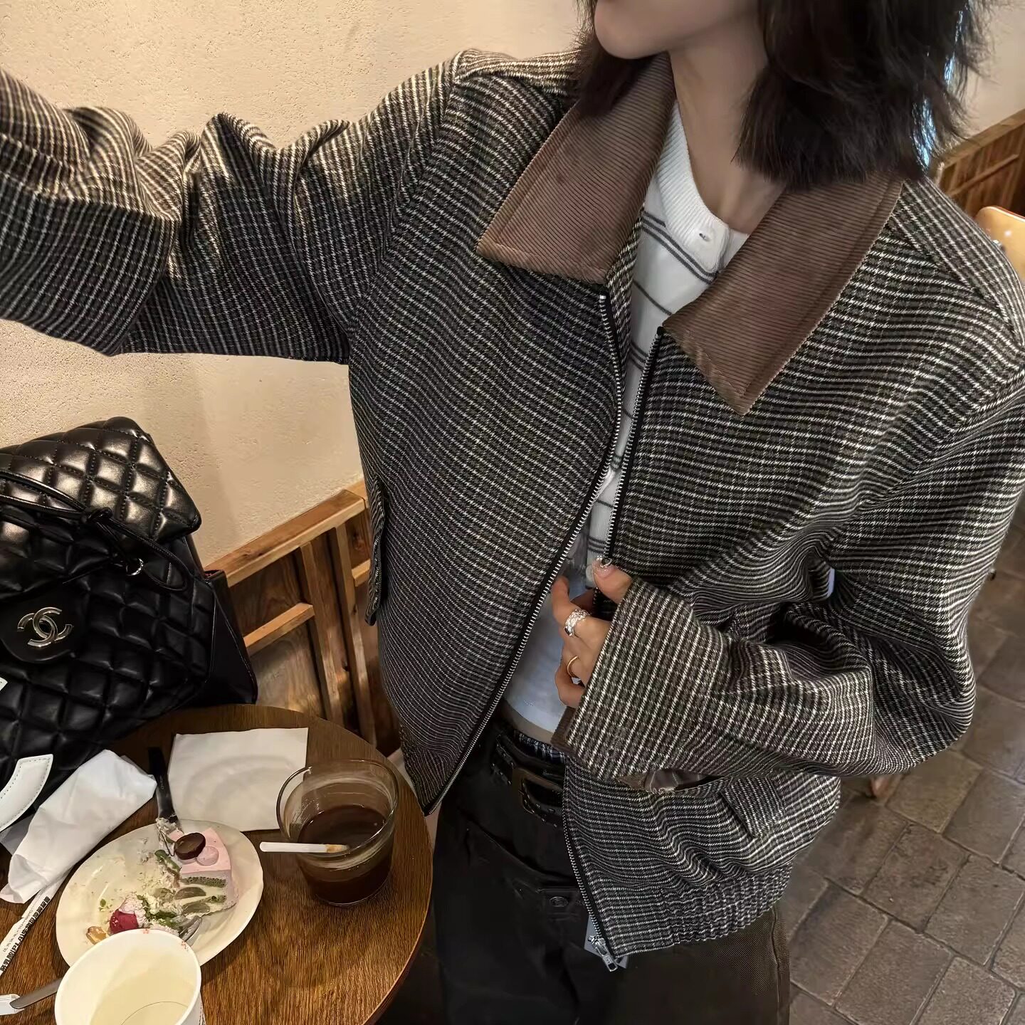 wonder1v miu系千鸟格夹克 灯芯绒领 cleanfit老钱风上衣外套男女