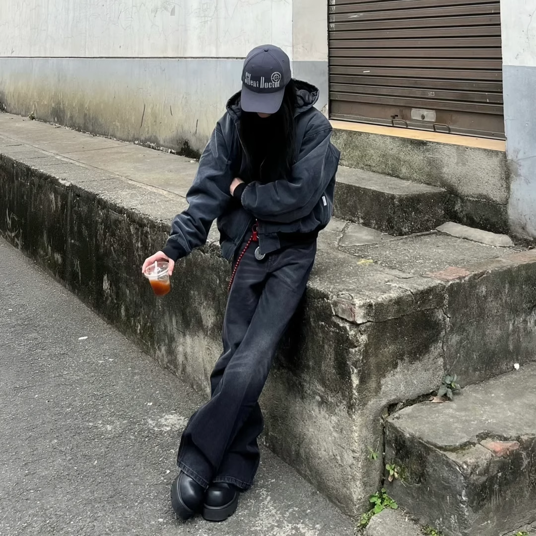 wonder1v水波纹显瘦百搭水洗做旧破坏宽松直筒微喇牛仔裤长裤男女