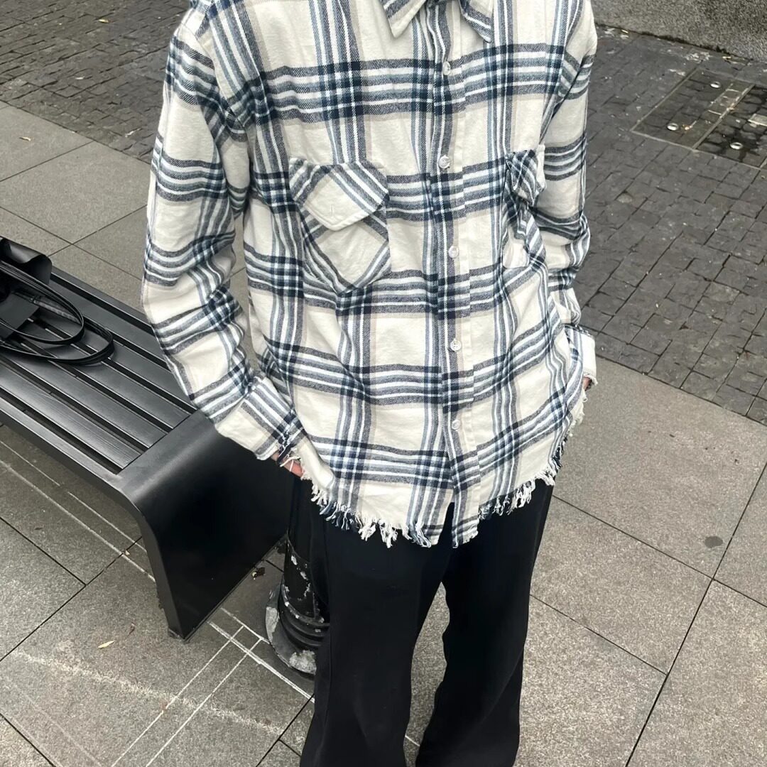 韩国水洗破坏流苏格子蓝白衬衫