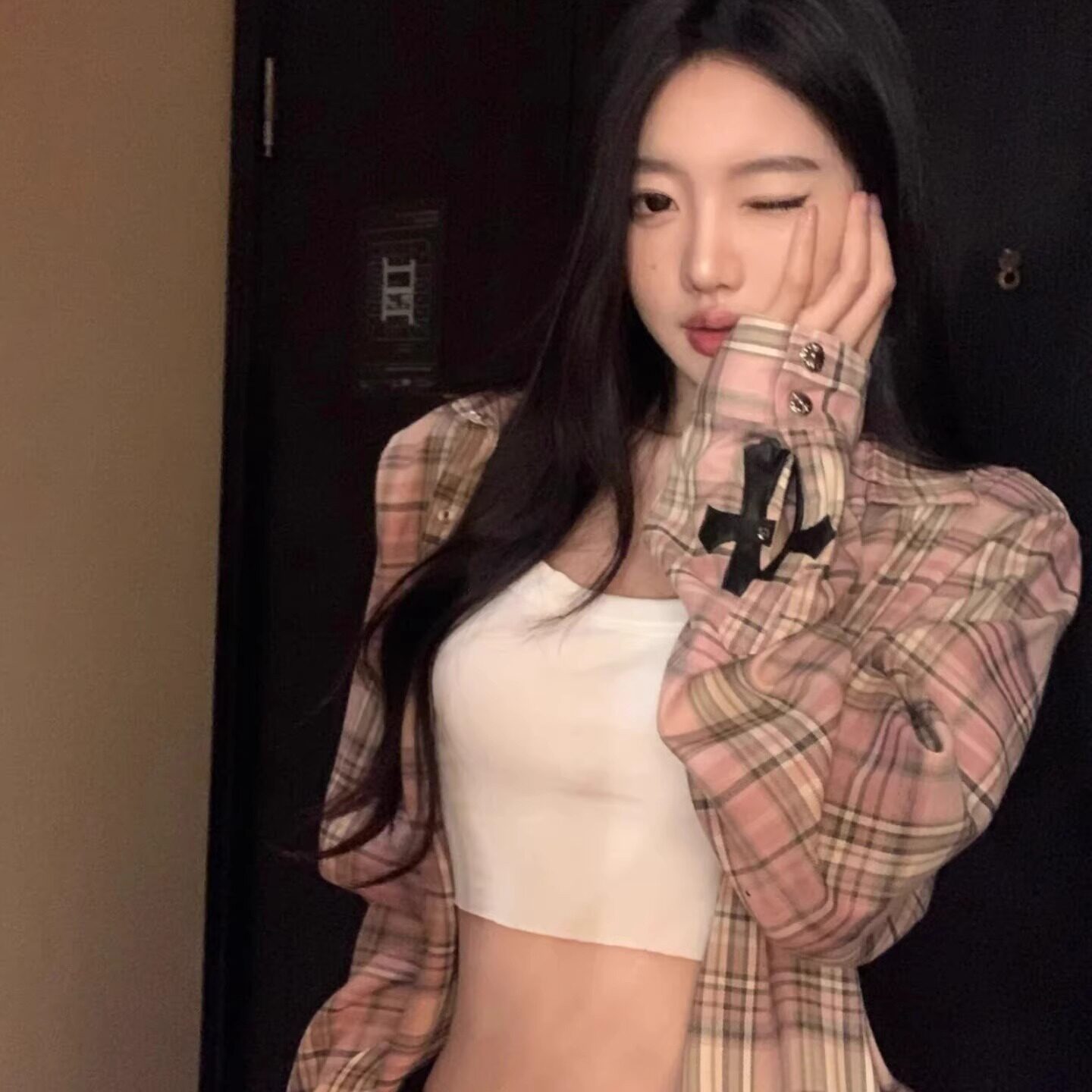 wonder1v嫩粉色十字休闲松驰感格子衬衫上衣男女设计小众长袖外套