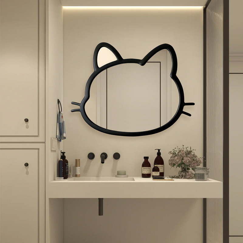 简约创意小猫高清壁挂化妆镜家用智能发光浴室镜不规则北欧装饰镜