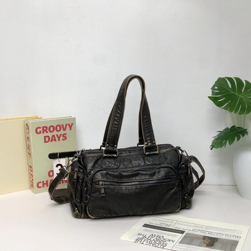 复古做旧黑色单肩托特包