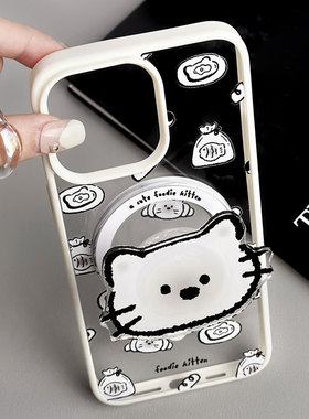 适用于苹果Ipone13Pro猫咪手机壳16Pro优雅透明12ProMax软萌浪漫11黑色新颖14ProMax独特支架12白色