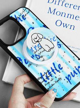 适用于苹果Ipone12蓝纹手机壳15ProMax甜美图案12Pro时尚萌犬14ProMax蓝色支架13独特英文15Pro百搭