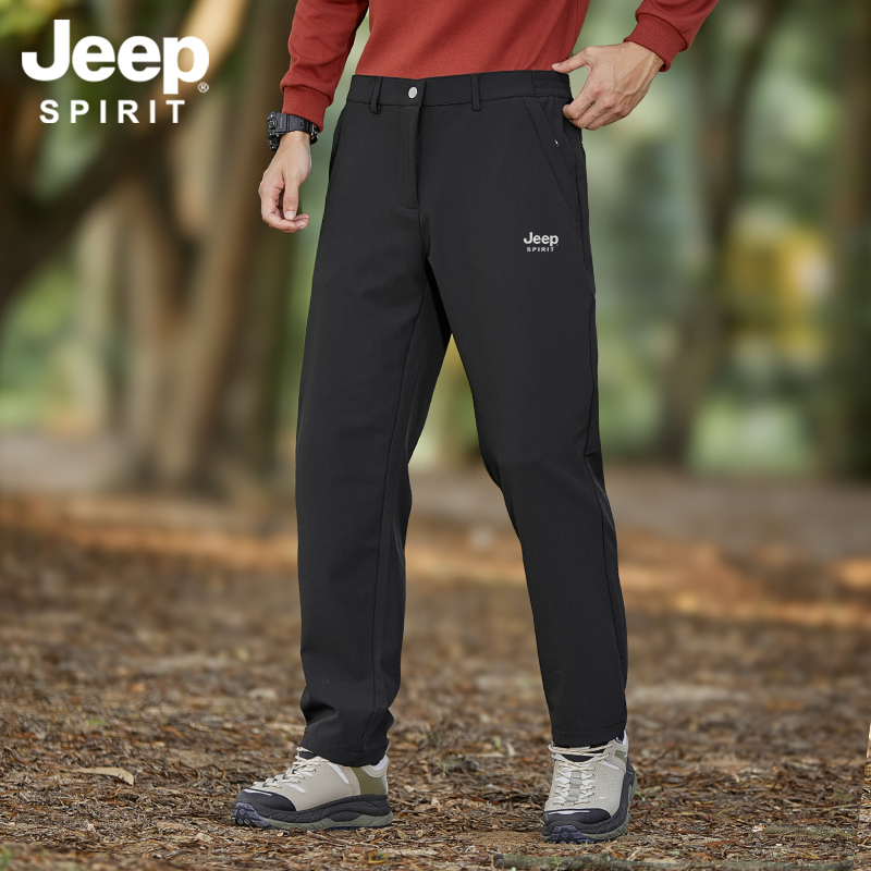 JEEPSPIRIT休闲裤男款直筒防风秋冬中老年爸爸加厚系皮带商务裤子