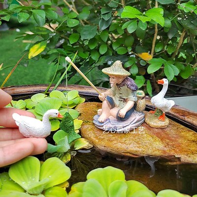 鱼池假山造景钓鱼翁老头鸭子吸水石盆景J古法养鱼鱼缸装饰迷你摆